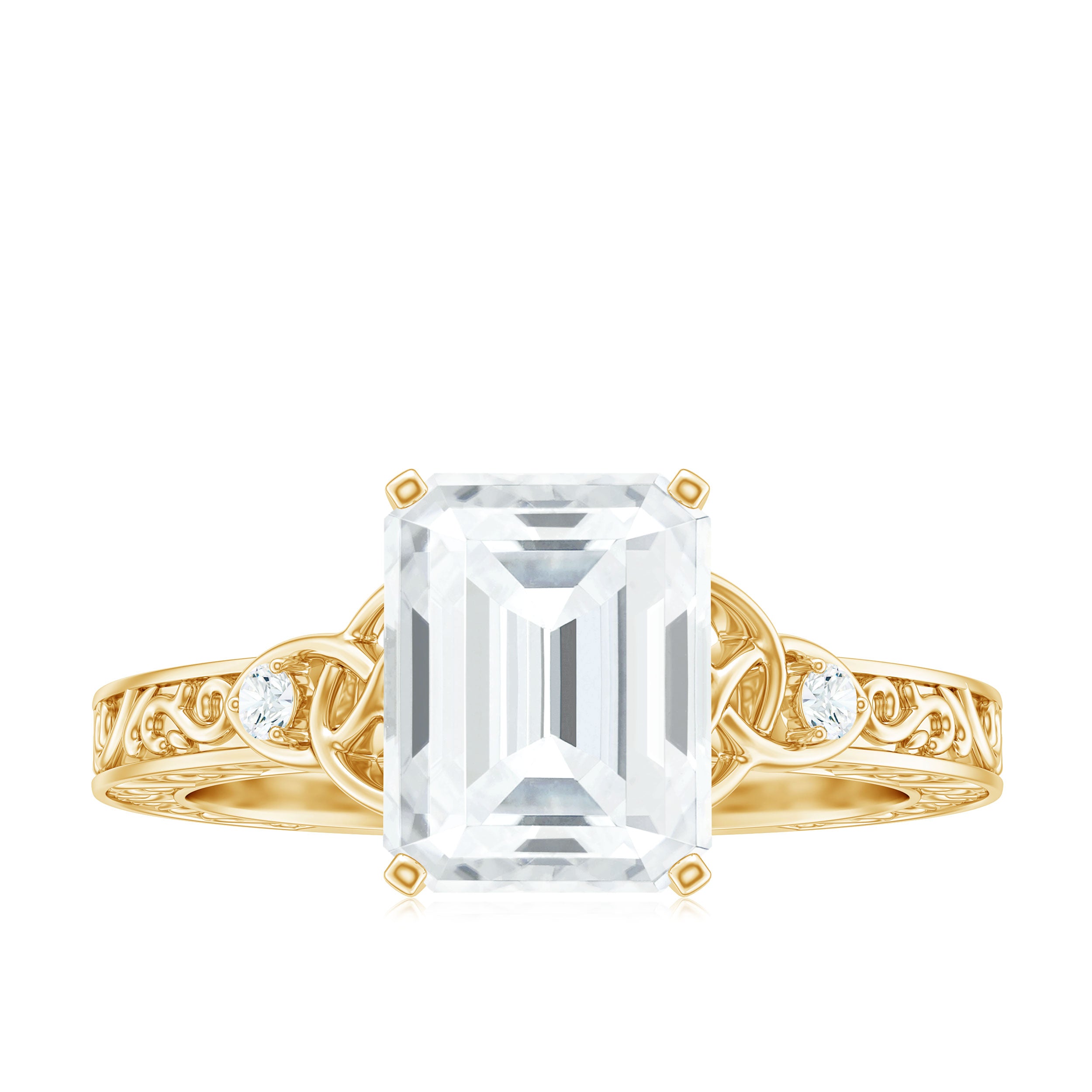 Antique Style Emerald Cut Moissanite Solitaire Celtic Knot Ring in Gold Moissanite - ( D-VS1 ) - Color and Clarity - Rosec Jewels
