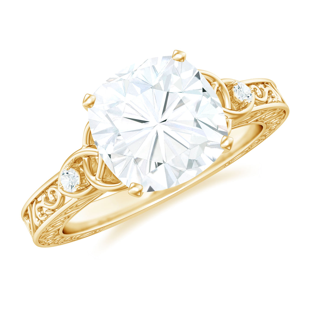 Antique Style Cushion Cut Moissanite Solitaire Celtic Knot Ring in Gold Moissanite - ( D-VS1 ) - Color and Clarity - Rosec Jewels