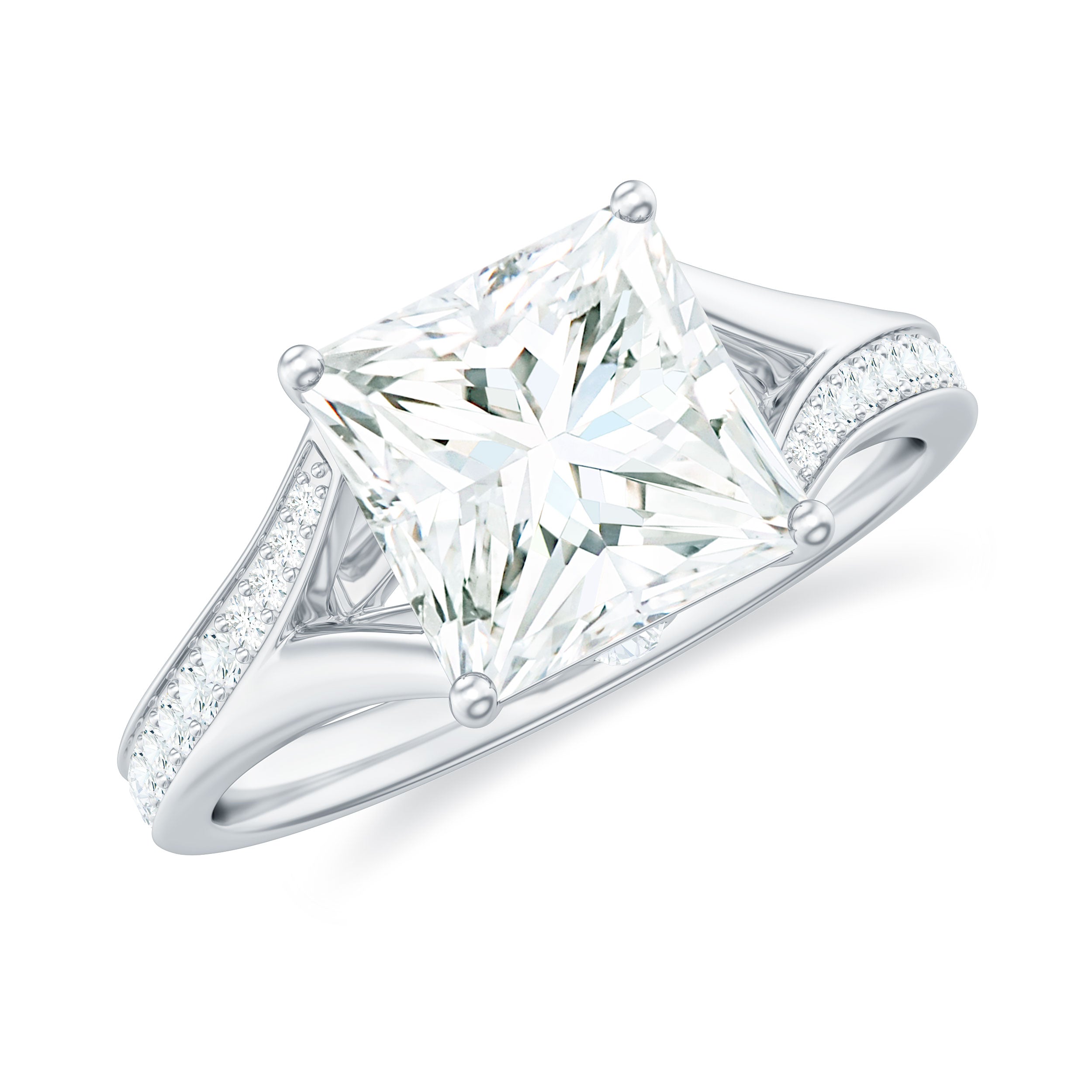 Princess Cut Moissanite Gold Solitaire Engagement Ring in Split Shank Moissanite - ( D-VS1 ) - Color and Clarity - Rosec Jewels