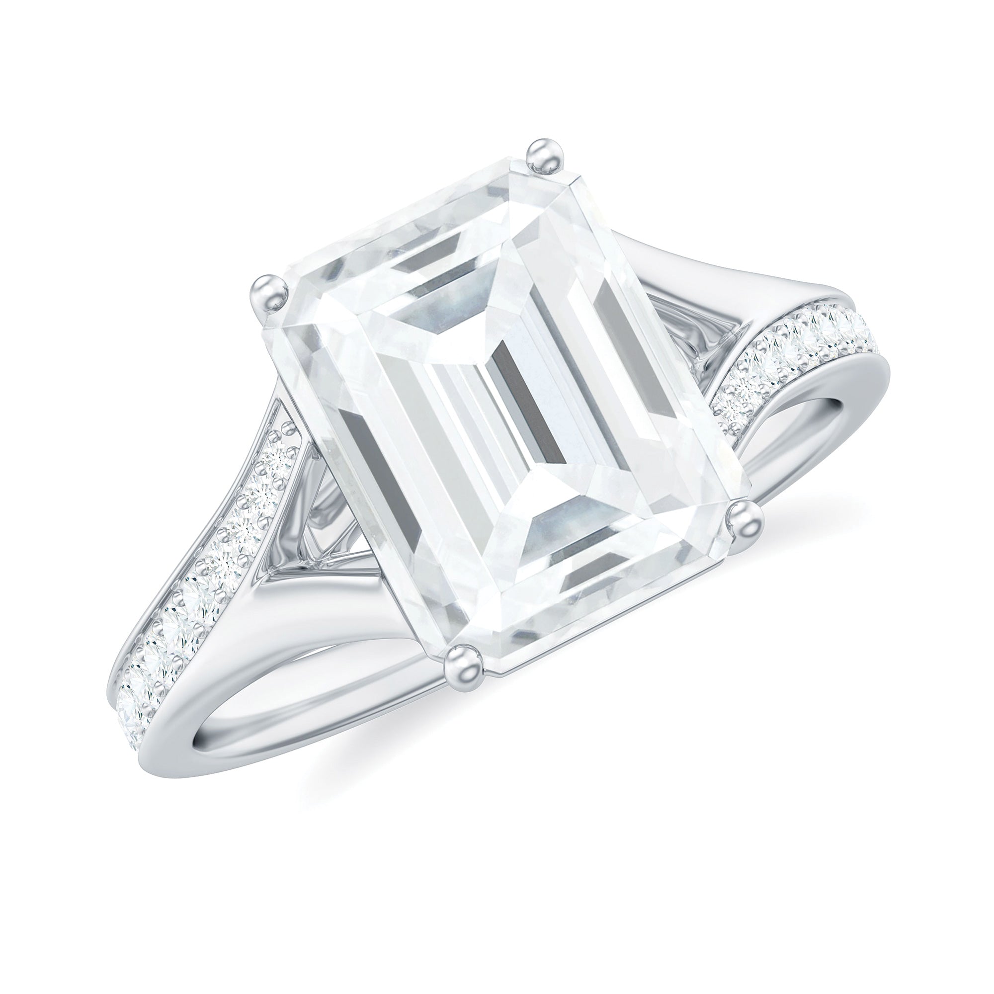 Emerald Cut Moissanite Solitaire Engagement Ring with Split Shank Moissanite - ( D-VS1 ) - Color and Clarity - Rosec Jewels