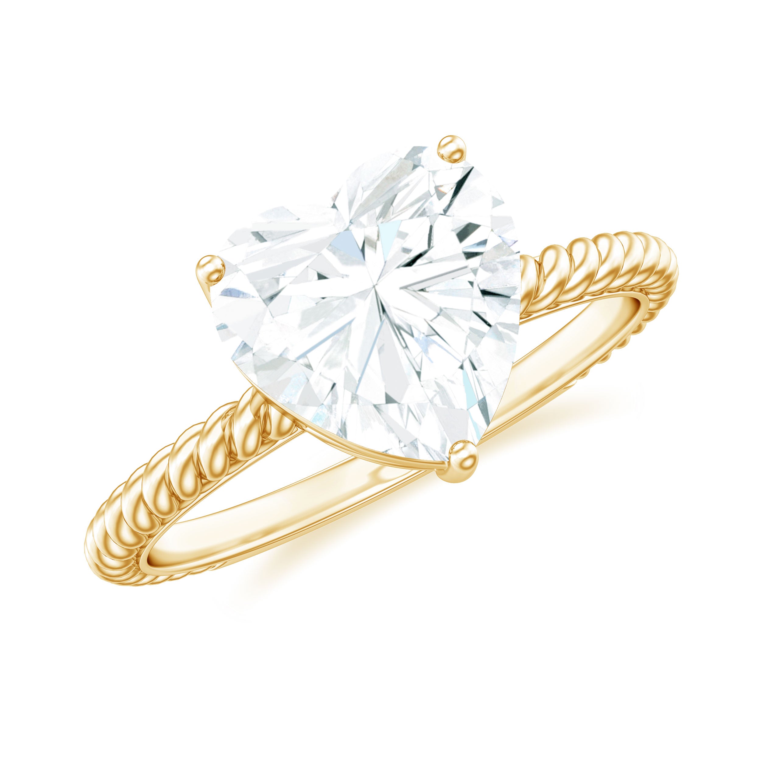 Heart Shaped Moissanite Solitaire Ring in Prong Setting with Gold Twisted Rope Moissanite - ( D-VS1 ) - Color and Clarity - Rosec Jewels