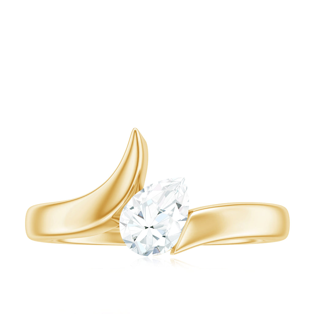 Pear Shaped Certified Moissanite Solitaire Bypass Ring in Gold Moissanite - ( D-VS1 ) - Color and Clarity - Rosec Jewels