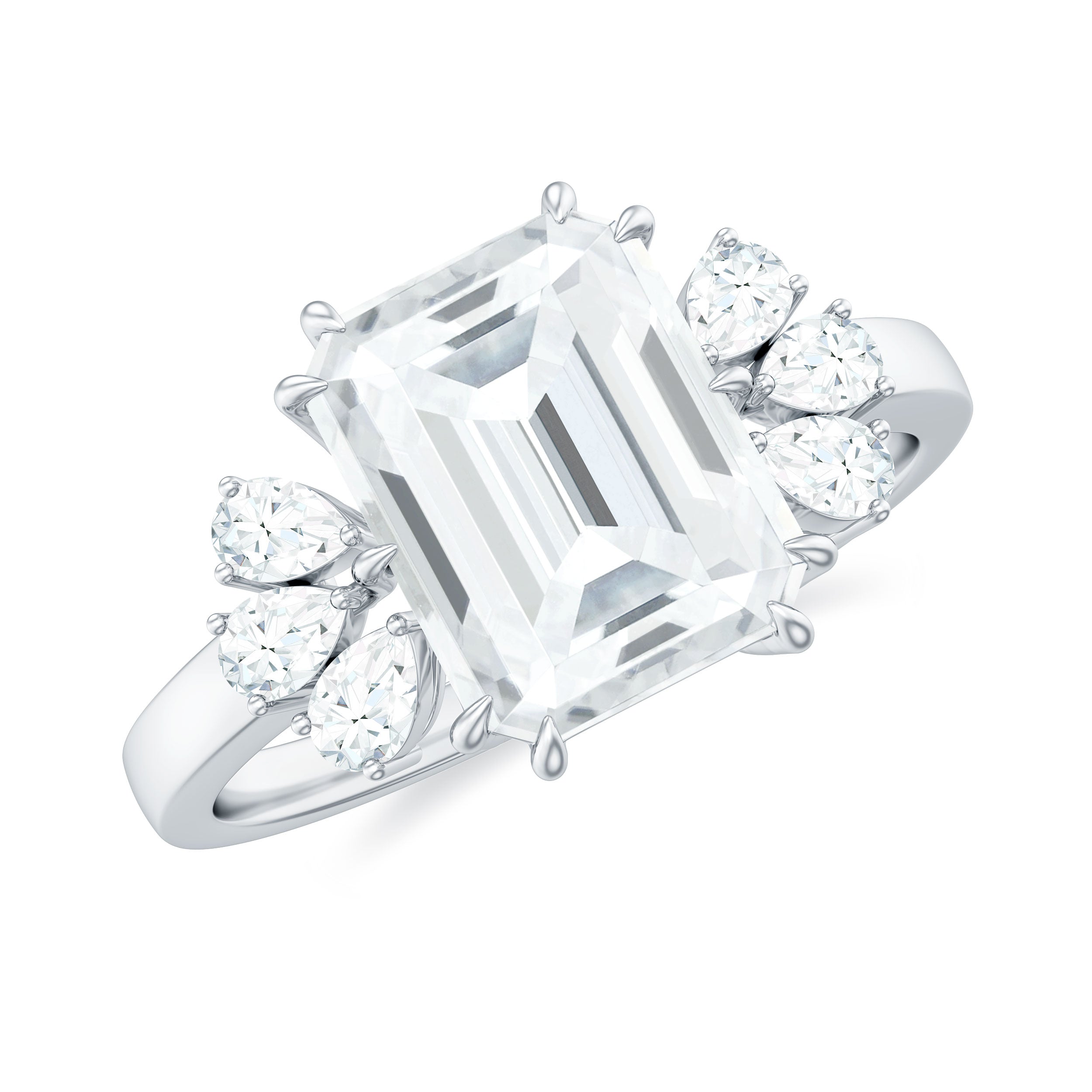 Emerald Cut Moissanite Solitaire Engagement Ring with Trio Moissanite - ( D-VS1 ) - Color and Clarity - Rosec Jewels