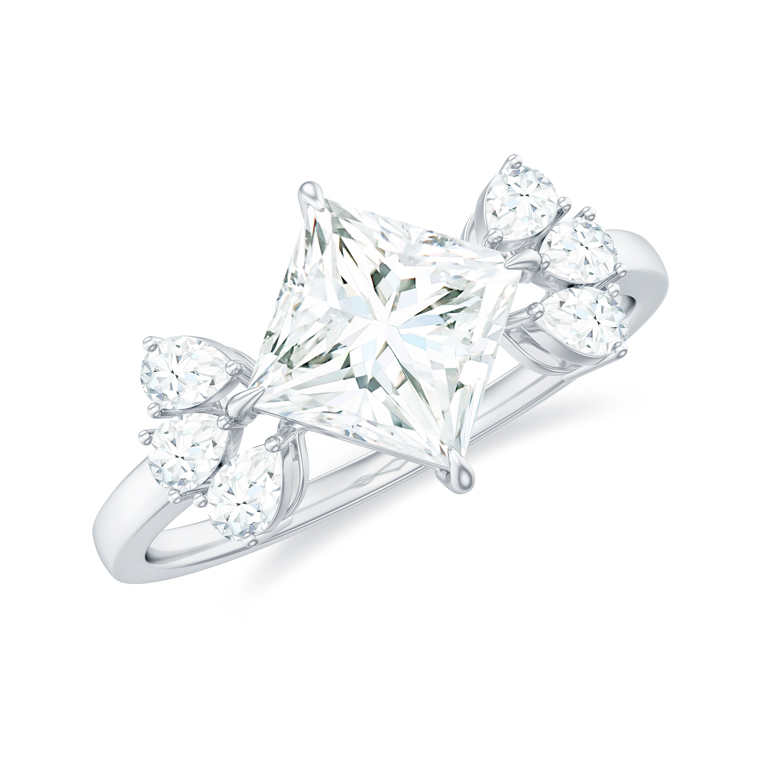 Princess Cut Moissanite Solitaire Engagement Ring with Trio Moissanite - ( D-VS1 ) - Color and Clarity - Rosec Jewels