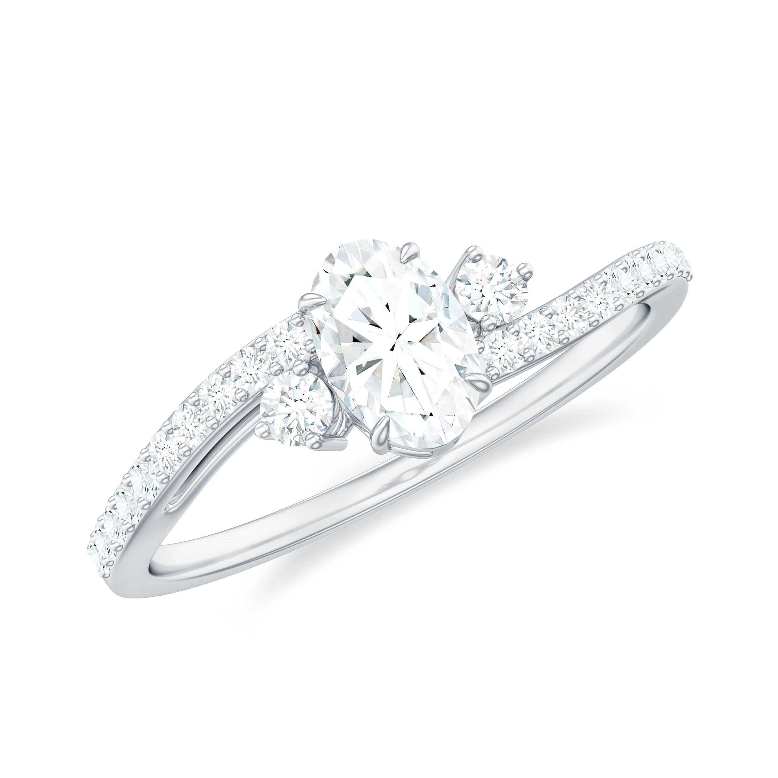 Oval Shape Moissanite Bypass Engagement Ring with Side Stones Moissanite - ( D-VS1 ) - Color and Clarity - Rosec Jewels