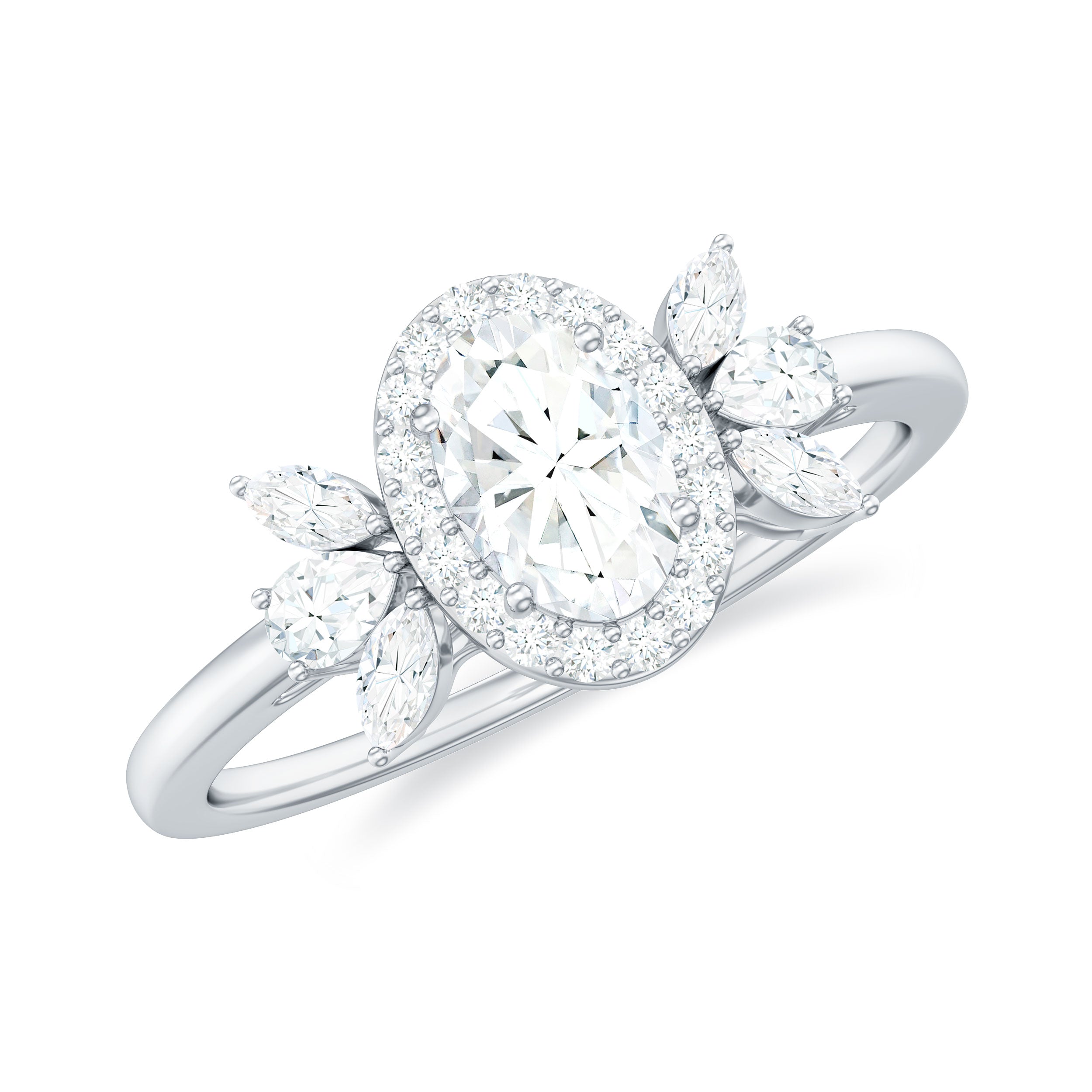 Oval Moissanite Cluster Engagement Ring with Halo Moissanite - ( D-VS1 ) - Color and Clarity - Rosec Jewels