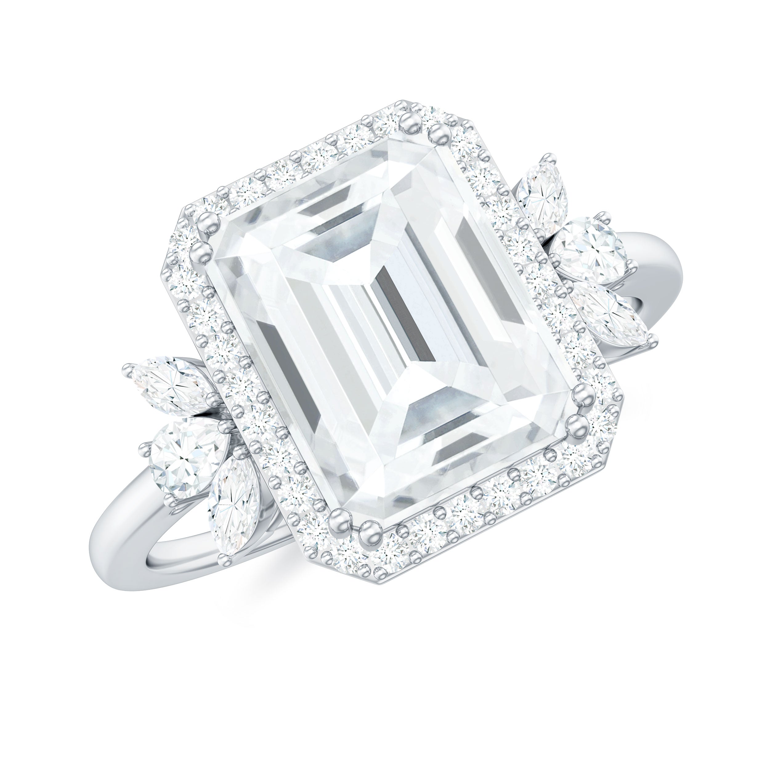 Emerald Cut Moissanite Engagement Ring with Halo Moissanite - ( D-VS1 ) - Color and Clarity - Rosec Jewels