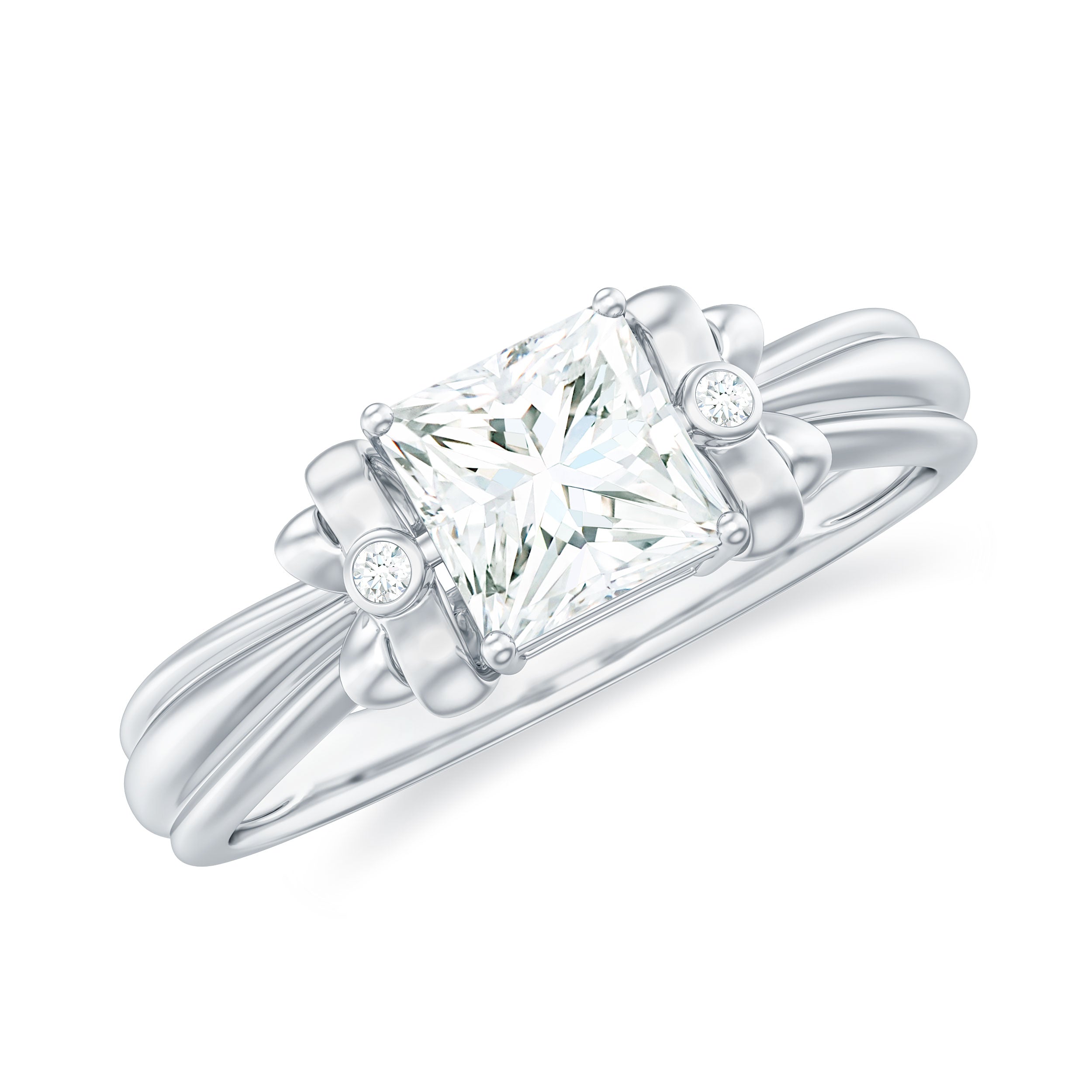 Princess Cut Moissanite Solitaire Engagement Ring with Bow Moissanite - ( D-VS1 ) - Color and Clarity - Rosec Jewels