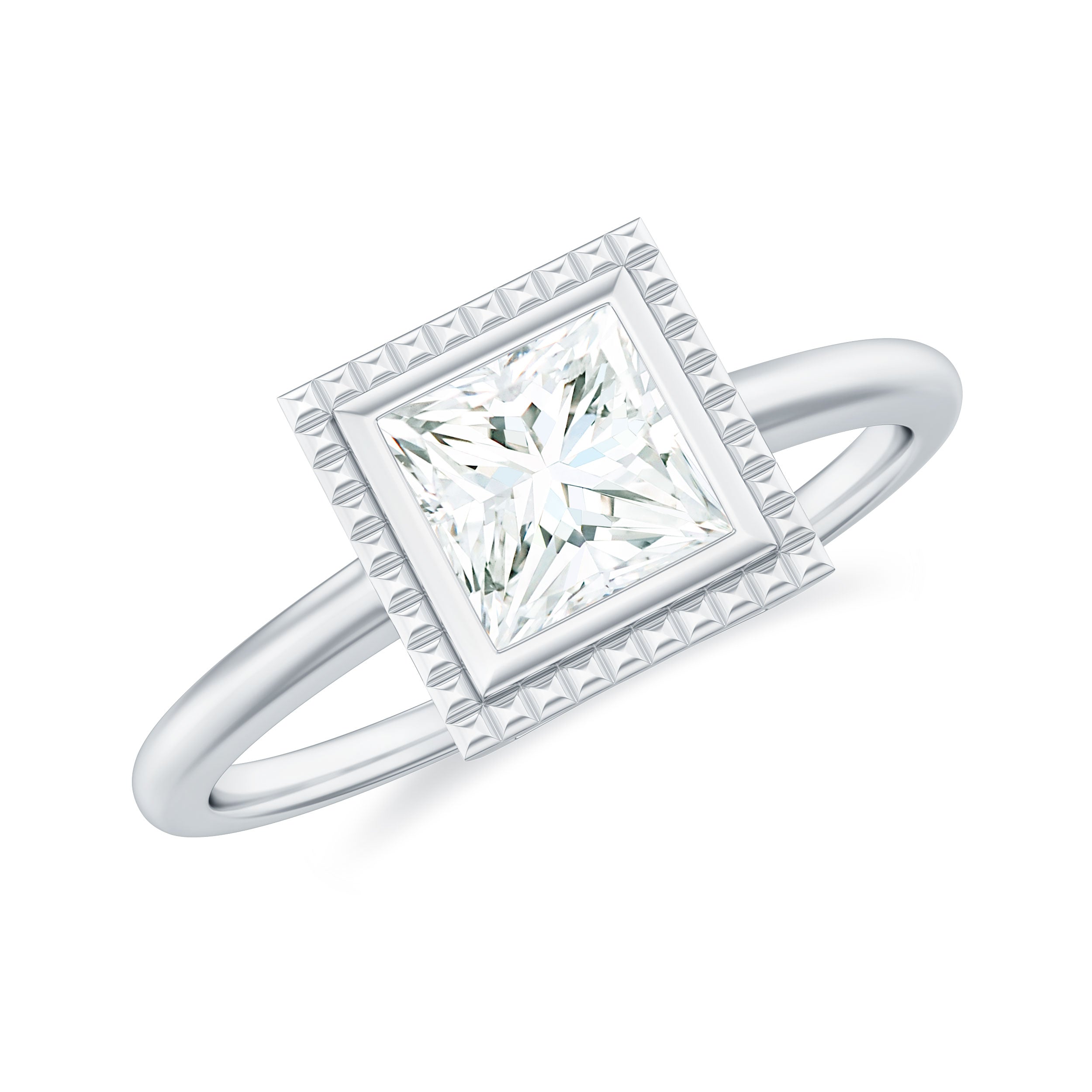 Princess Cut Moissanite Solitaire Gold Engagement Ring in Bezel Setting Moissanite - ( D-VS1 ) - Color and Clarity - Rosec Jewels