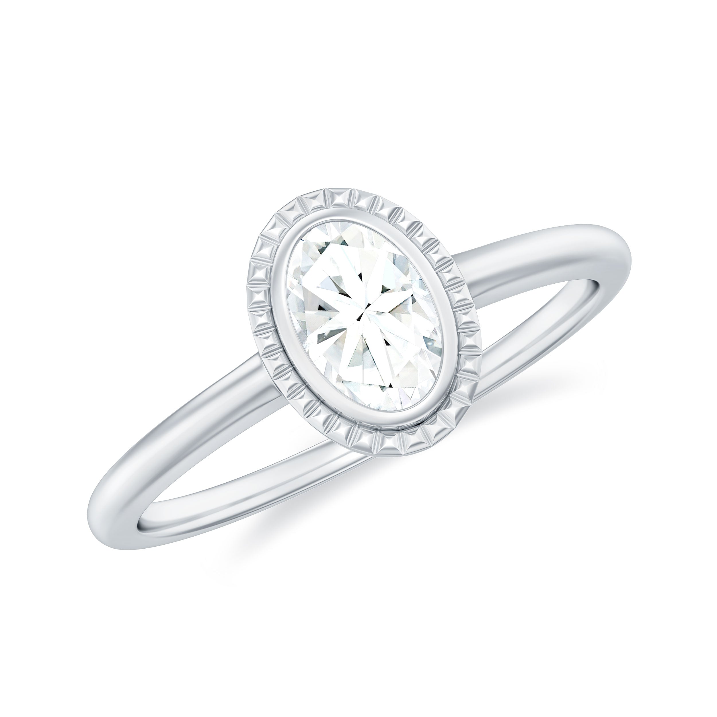 Oval Cut Moissanite Solitaire Gold Engagement Ring in Bezel Setting Moissanite - ( D-VS1 ) - Color and Clarity - Rosec Jewels