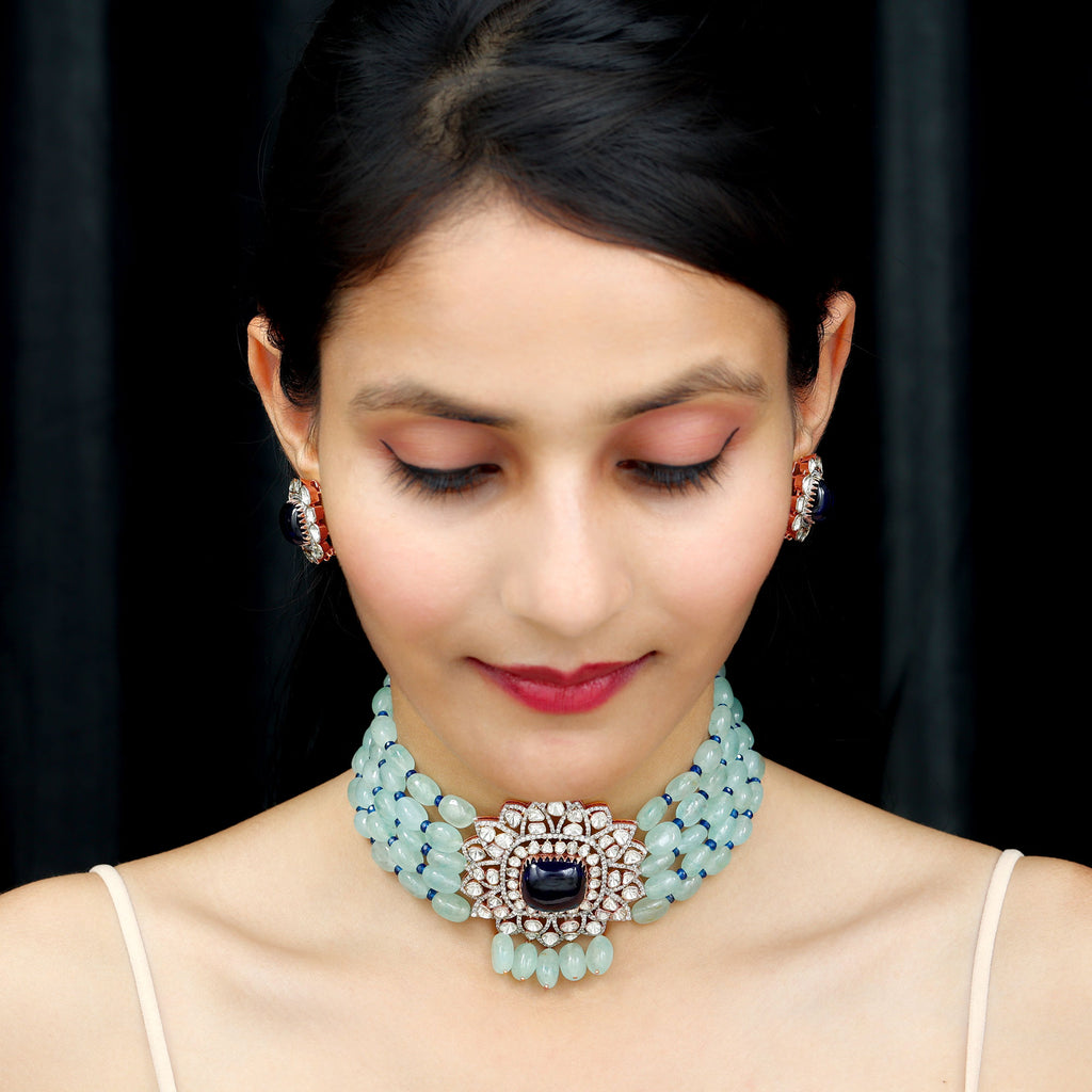 Created Tanzanite Polki Diamond Necklace Earrings Set with Created Blue Sapphire and Beryl - Rosec Jewels