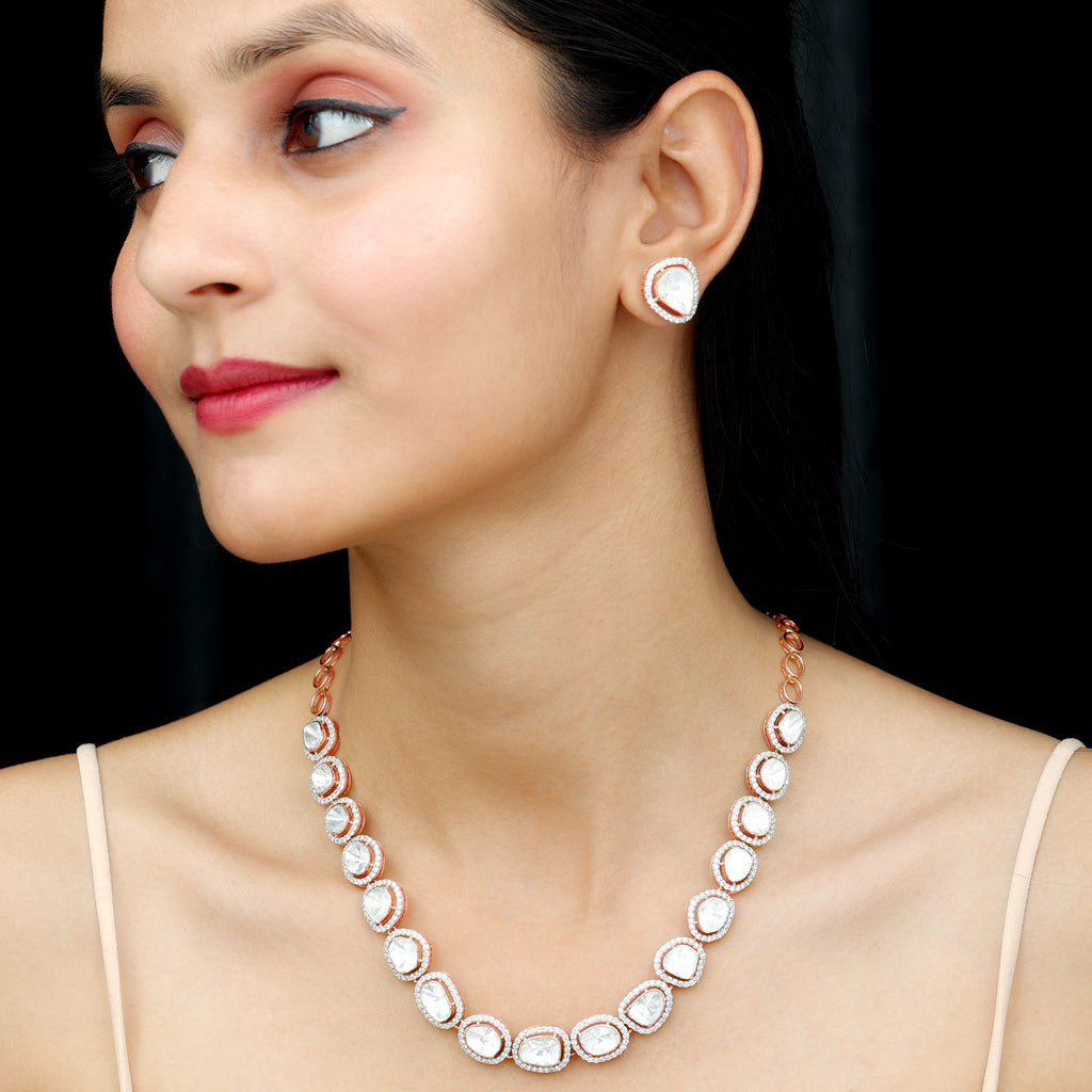Uncut Polki Diamond Necklace and Earrings in 14k Gold - Rosec Jewels