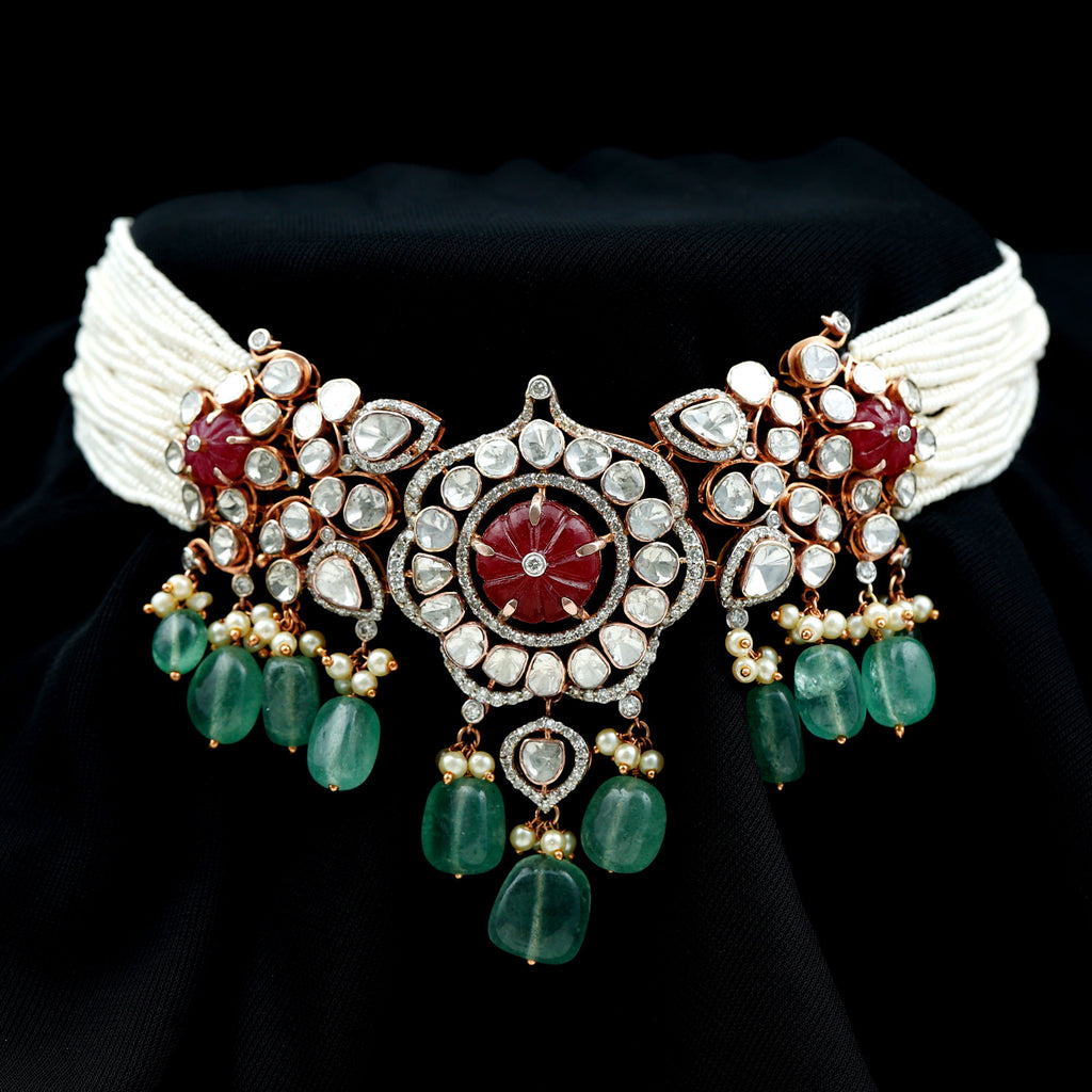 35.5 CT Created Ruby and Diamond Polki Designer Choker Necklace in Gold - Rosec Jewels