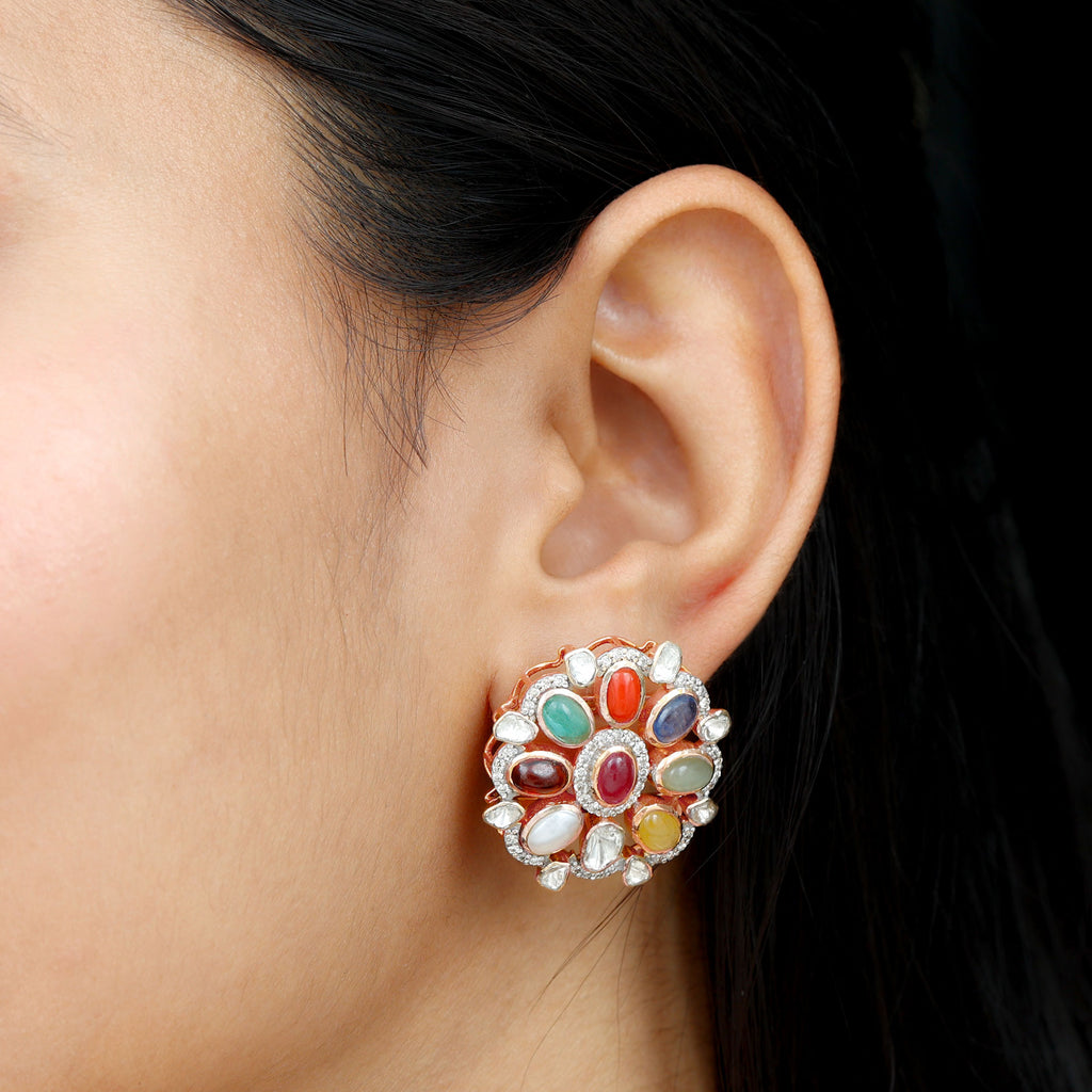 14k Gold Multi Stone Polki Earrings with Diamond - Rosec Jewels