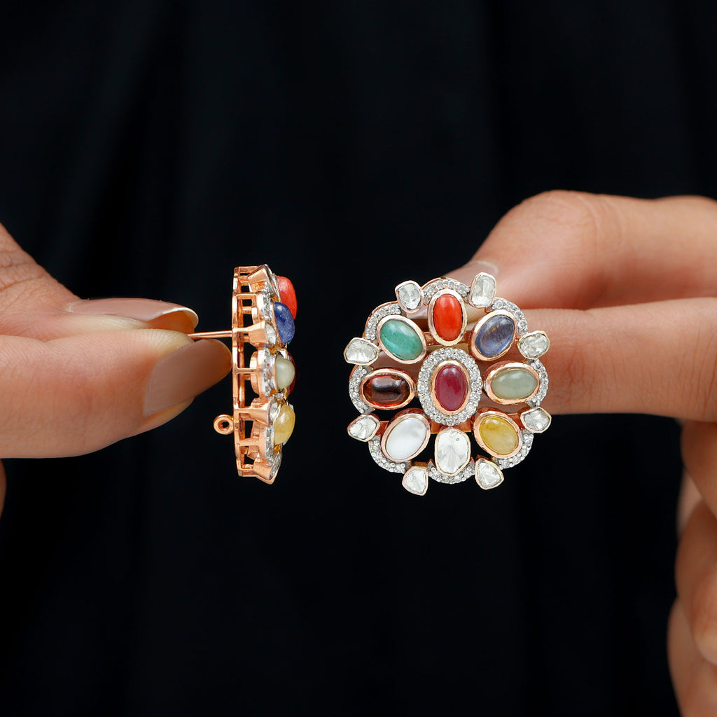 14k Gold Multi Stone Polki Earrings with Diamond - Rosec Jewels