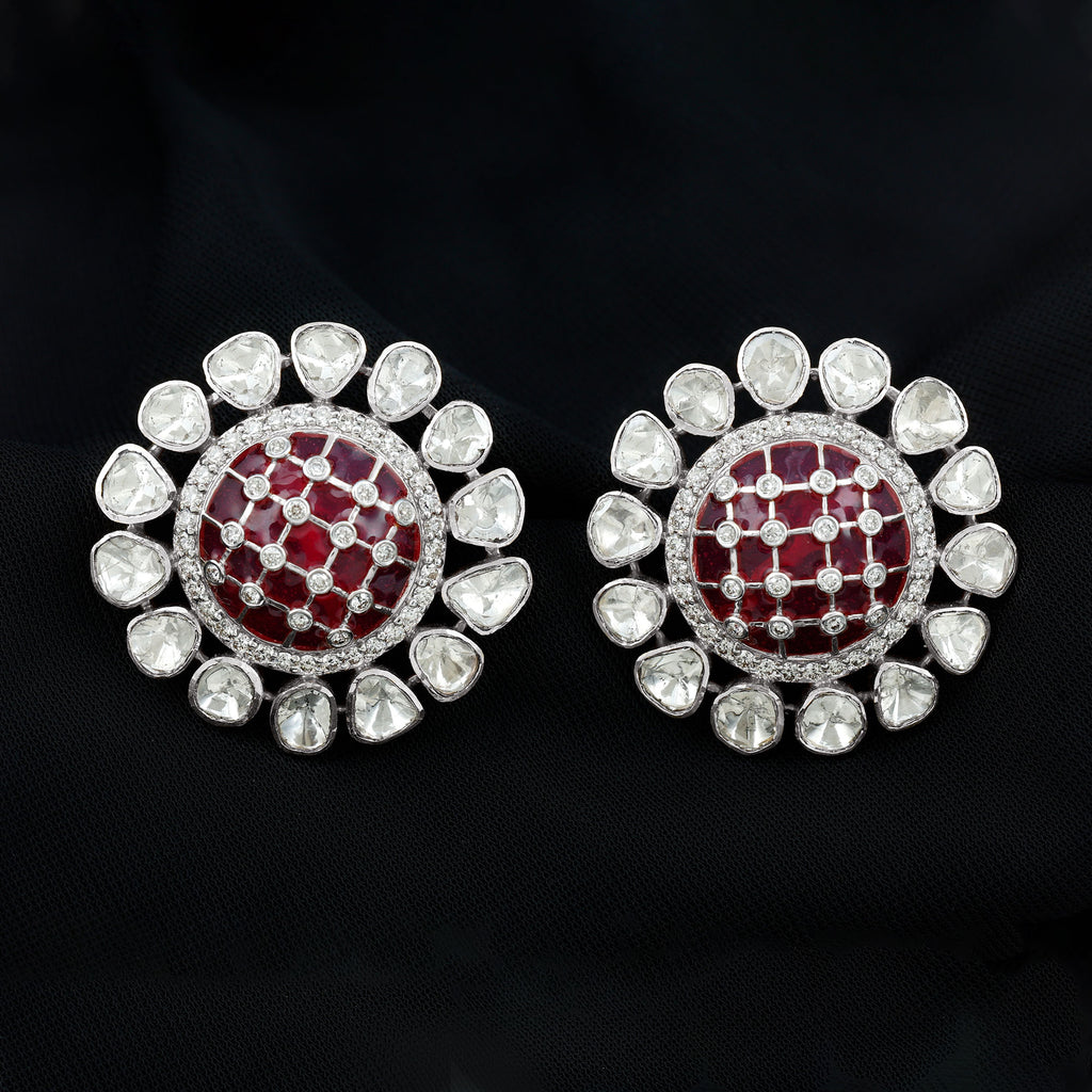 14k Gold and Polki Diamond Stud Earrings with Red Enamel - Rosec Jewels